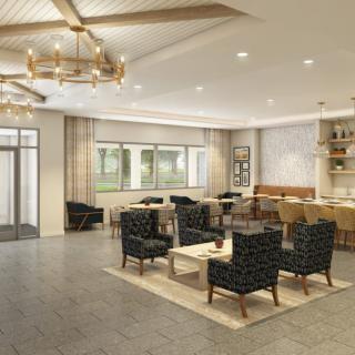 A modern lobby with stylish seating and contemporary lighting.
