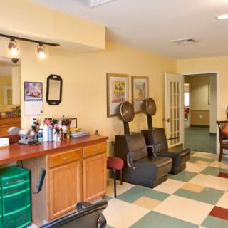 A cozy hair salon interior with styling stations, chairs, and wall-mounted dryers.