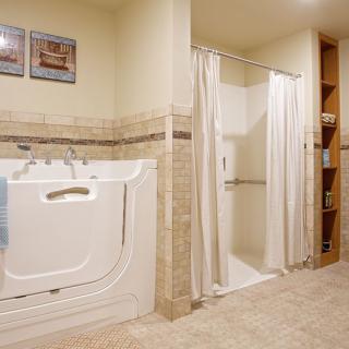 Modern bathroom with a walk-in tub and shower, emphasizing accessibility.