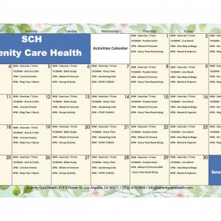Monthly activity calendar for BCH Community Care Health, featuring a variety of scheduled classes and events.