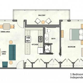 One-bedroom apartment floor plan featuring a kitchen, living and dining area, bathroom, and balcony.