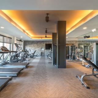 A modern gym equipped with treadmills, strength machines, and a variety of exercise equipment.