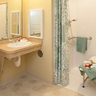 A modern accessible bathroom featuring a sink with a mirror, a walk-in shower with a curtain, and neatly arranged towels.