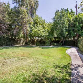A serene view of a lush backyard with a well-maintained lawn and surrounding trees.