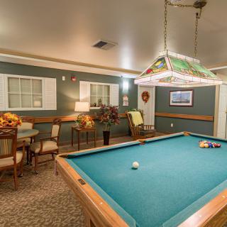 A cozy game room featuring a pool table and comfortable seating.