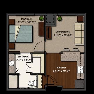 One-bedroom apartment layout with living room, kitchen, and bathroom.