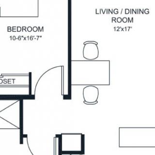 A floor plan showing the layout of an apartment with a bedroom, living/dining room, and closet.