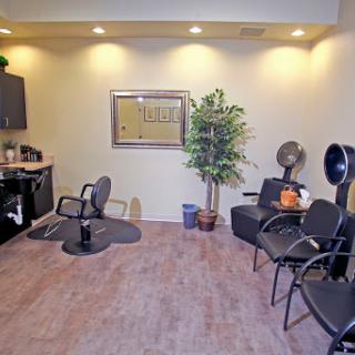 A cozy and well-lit hair salon featuring styling chairs, a waiting area, and decorative plants.