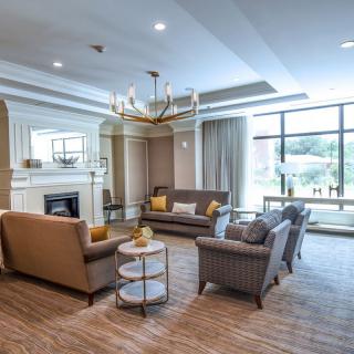 A modern, well-lit living room featuring a seating area with sofas, a central fireplace, and a chandelier.