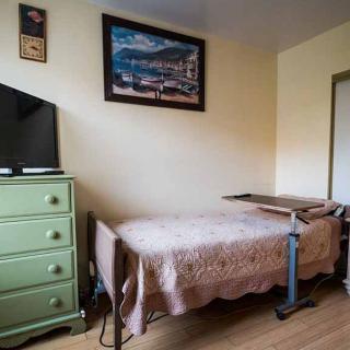A cozy bedroom with a single bed, dresser, and television, featuring a framed painting on the wall.