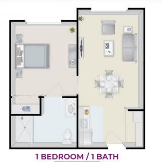 A floor plan of a one-bedroom, one-bathroom apartment featuring a living room, kitchen, and dining area.