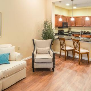 A cozy living room with an open kitchen featuring warm wood flooring and comfortable seating.