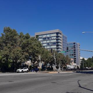 A view of modern buildings alongside a road, framed by lush greenery and a clear blue sky.