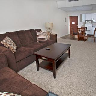 A cozy living room featuring a brown sofa, a wooden coffee table, and soft carpeting.