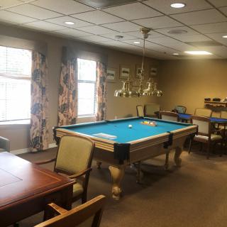A cozy indoor space featuring a pool table and seating area for leisure activities.