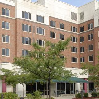 A hotel building with multiple floors and large windows, surrounded by greenery.