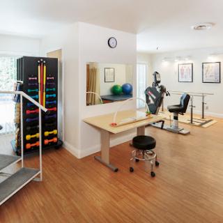A well-equipped rehabilitation room featuring various exercise tools and equipment for therapeutic purposes.