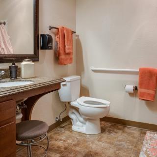 A well-organized bathroom with a toilet, sink, and mirror.