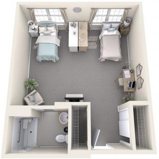 A top-down view of a small apartment bedroom layout featuring twin beds and a study area.