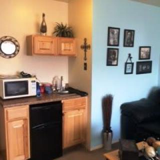 A cozy living space featuring a kitchenette with a microwave, mini fridge, and wooden cabinets alongside a decorated wall.