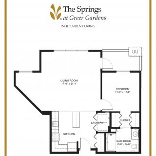 A floor plan of an apartment including a living room, kitchen, and bedroom.