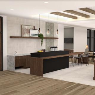 A modern kitchen with wood accents and an open dining area.
