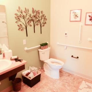 A cozy bathroom with wall art, featuring a toilet, sink, and decorative elements.