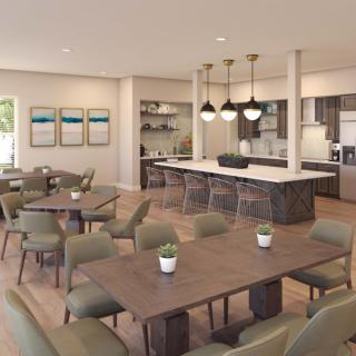 A modern kitchen and dining area with sleek furniture and stylish lighting.