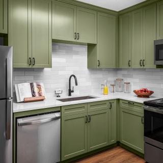 A modern kitchen with green cabinets and stainless steel appliances.