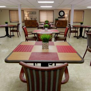 A neatly arranged dining area with tables, chairs, and decorative plants.