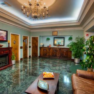 A cozy reception area with elegant decor, featuring a chandelier, comfortable seating, and indoor plants.