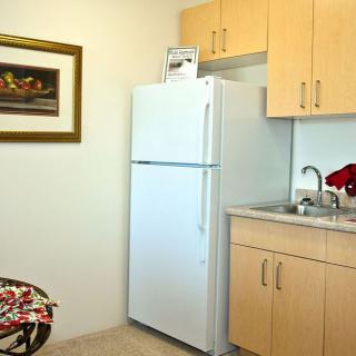 A small kitchen area with a refrigerator, sink, and wooden cabinets.