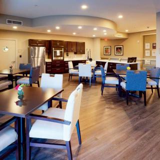 A modern dining area with a kitchen, featuring stylish furniture and ample lighting.