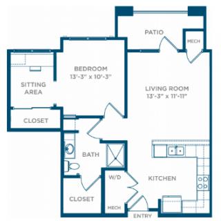 An apartment floor plan showing the layout of a one-bedroom unit with a living room, kitchen, bathroom, sitting area, and patio.