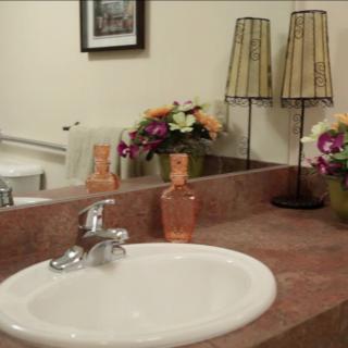 A bathroom countertop with a sink, decorated with flowers and lamps.