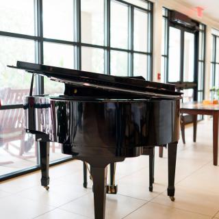 A grand piano stands elegantly indoors near large windows.