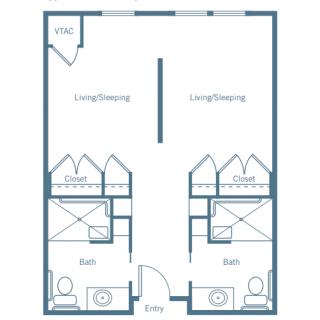 A blueprint of an apartment layout with two living spaces and two bathrooms.