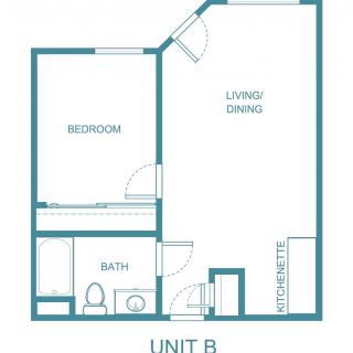 Floor plan of Unit B displaying a one-bedroom apartment layout.
