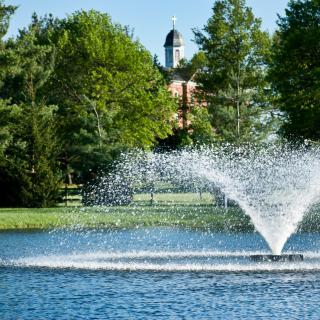 A scenic view of a fountain in a tranquil lake surrounded by lush greenery.