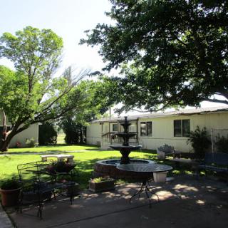 A serene backyard featuring a fountain, lush grass, and shaded by large trees.