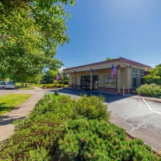 A small commercial building with a flag and landscaped greenery on a bright sunny day.