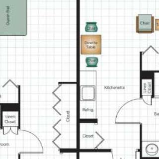 A floor plan showing the layout of several rooms with labeled areas such as closets and bathrooms.