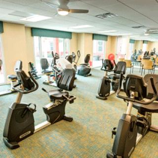 A well-lit gym featuring multiple exercise bikes arranged in a spacious room.