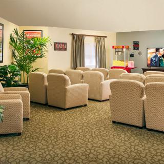 A cozy entertainment room with rows of comfortable chairs facing a television, complemented by a popcorn machine and indoor plants.