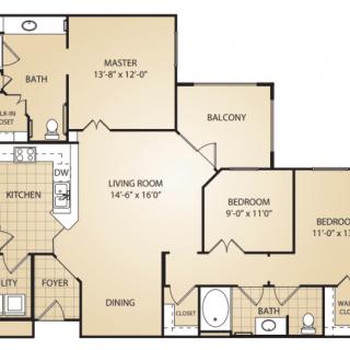 A detailed floor plan of a three-bedroom apartment with living and dining areas, a kitchen, and two bathrooms.