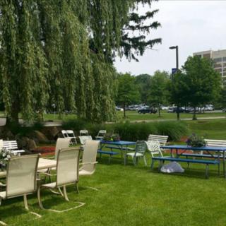 A peaceful outdoor garden setting with chairs and tables under lush trees.