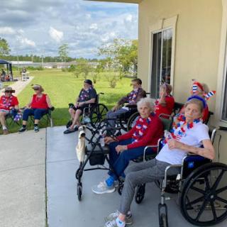 A joyful outdoor gathering of elderly individuals in wheelchairs, celebrating together in patriotic attire.