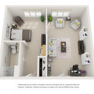 A 3D floor plan of a one-bedroom apartment showcasing the living room, bedroom, bathroom, and kitchen.