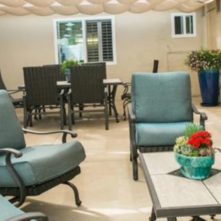 An inviting patio area with comfortable seating and a dining table, decorated with potted plants.