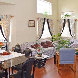 A cozy living room and dining area with stylish furniture, decorative curtains, and indoor plants.